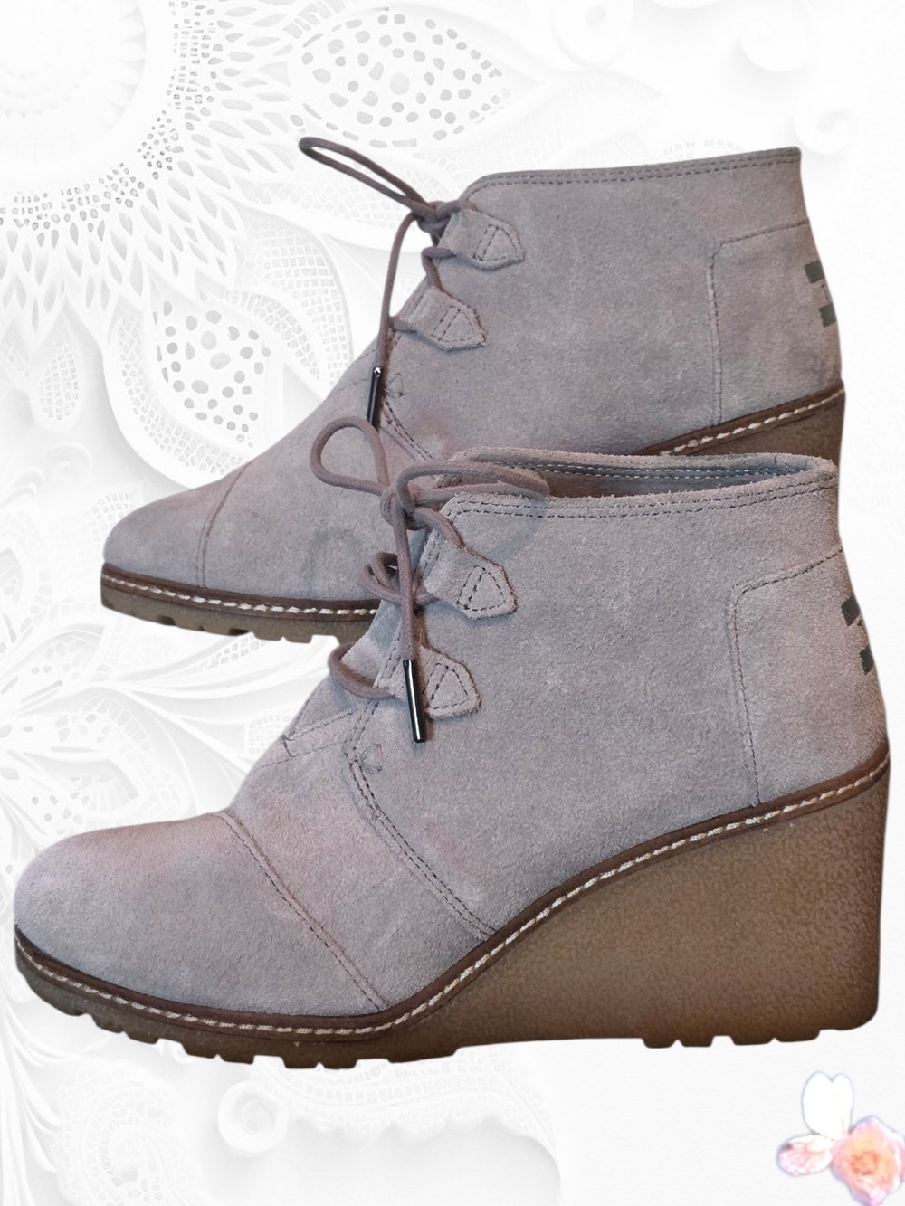 Toms Gray Suede Wedge Lace-Up Ankle Boots 7